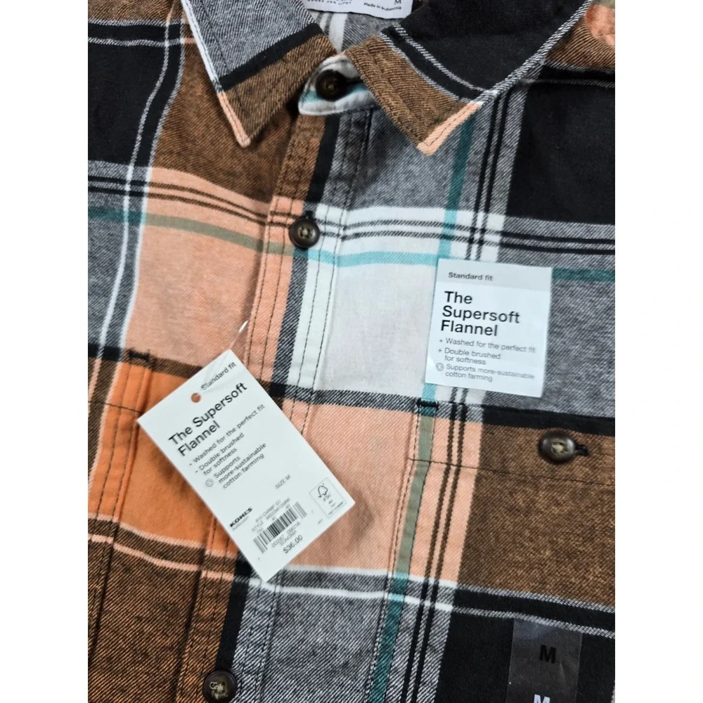 Sonoma Flannel Shirt Mens Medium Orange Brown Cotton Plaid The Supersoft Flannel